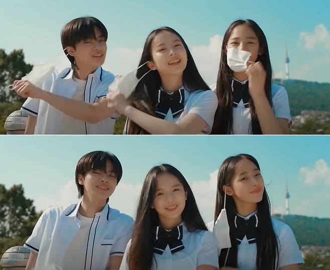 사진=왼쪽에서 두 번째(뉴진스 하니), 왼쪽에서 3번째(뉴진스 민지)/방탄소년단(BTS) ‘Permission to Dance’(퍼미션 투 댄스) 뮤직비디오 영상 캡처