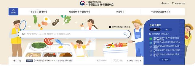 식품영양성분 데이터베이스 누리집 캡처