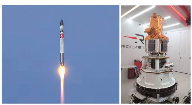 초소형 군집위성 1호가 24일 뉴질랜드 마히아 발사장에서 로켓랩의 로켓에 탑재돼 발사되고 있다. 오른쪽 사진은 초소형군집위성 1호와 발 사체가 결합된 모습 [과학기술정보통신부 제공]