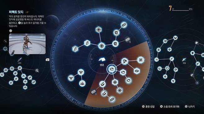 '스텔라 블레이드' 스킬 강화 화면. 퍼펙트 패링 및 퍼펙트 닷지의 효율을 올리는 기술을 먼저 익힐 것을 추천한다.