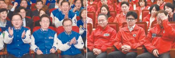 출 더불어민주당 이재명 대표(왼쪽)와 국민의힘 한동훈 비상대책위원장(오른쪽)이 당 관계자들과 지난 10일 국회에서 총선 출구조사 결과 발표를 보고 있다. 표정이 대조적이다. 연합뉴스