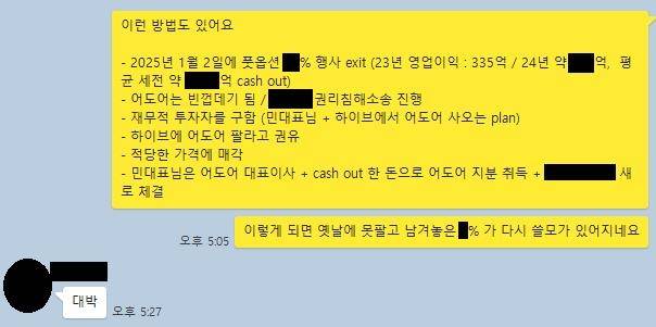 어도어 경영진 3인의 단체 대화방에서 2024년 4월 4일 오간 대화. 부대표의 구상에 대표이사가 답하고 있다. [하이브 제공·재판매 및 DB 금지]