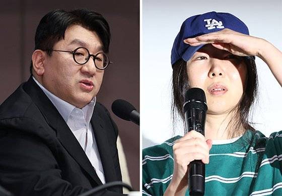25일 긴급 기자회견에서 입장을 밝히는 민희진 어도어 대표(오른쪽 사진). 왼쪽 사진은 방시혁 하이브 이사회 의장. [중앙포토·연합뉴스]
