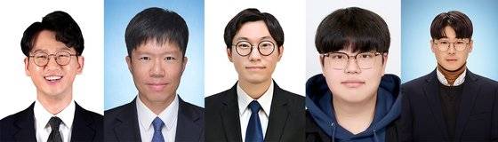 ▲ (왼쪽부터) 서울과학기술대학교 이은호 교수, 국립금오공과대학교 이원호 교수, 부산대학교 강준희 교수, 국립금오공과대학교 학사과정 성준호 학생, 포스텍 석박사통합과정 정세인 학생