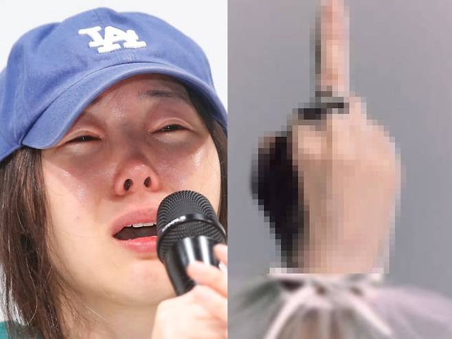민희진 어도어 대표(왼쪽)가 25일 긴급기자회견을 진행할 당시 하이브 산하 걸그룹 아일릿의 비주얼 디렉터가 손가락욕설 사진을 인스타그램에 올렸다가 삭제했다. /사진=뉴스1, 온라인 커뮤니티