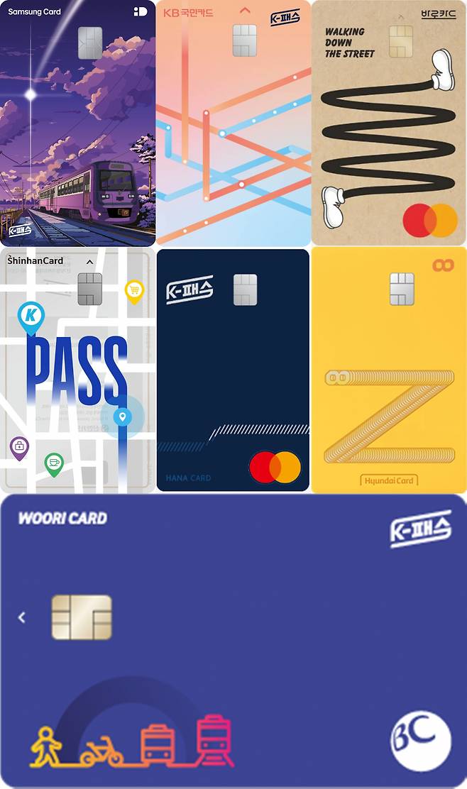 국토교통부가 내달 1일부터 시행하는 ‘k-패스’에 7개 카드사가 뛰어들어 경쟁에 나섰다. 왼쪽부터 순서대로 삼성·KB국민·BC·신한·하나·현대·우리카드. [각 사 제공]