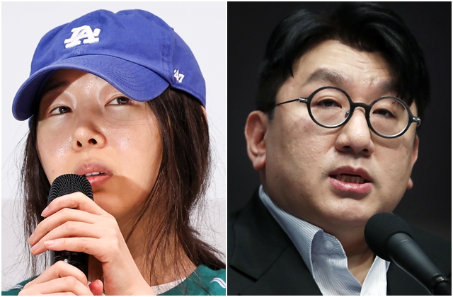 어도어 민희진 대표(왼쪽 사진)과 방시혁 하이브 이사회 의장. 연합뉴스, 뉴시스