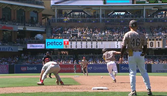 7회말 1루주자 김하성이 그레이엄 폴리의 타구가 1루수 브라이스 하퍼의 미트를 맞고 2루로 뛰어가던 자신에게 흐르자 황급히 피하고 있다. 그러나 결국 발에 닿아 넘어질 뻔했다. 사진=MLB.TV 캡처