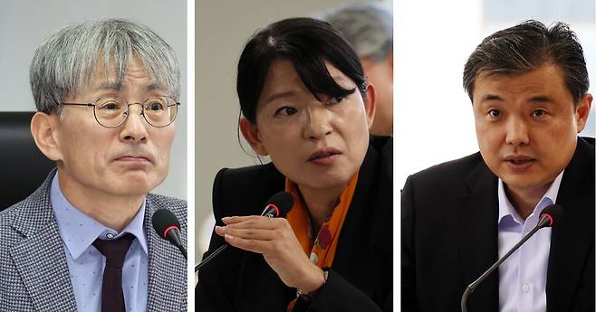 (왼쪽부터) 진실화해위원회 김광동 위원장, 이옥남 상임위원(1소위원장), 황인수 조사1국장. 한겨레 자료사진