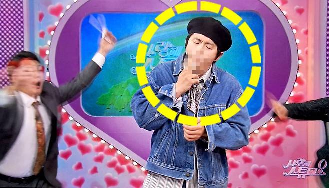 기안84가 지난 27일 공개된 쿠팡플레이 예능 프로그램 ‘SNL 코리아’ 출연 중 ‘사랑해 스튜디오’라는 코너에서 담배 연기를 한 모금 내뱉었다. 사진 쿠팡플레이