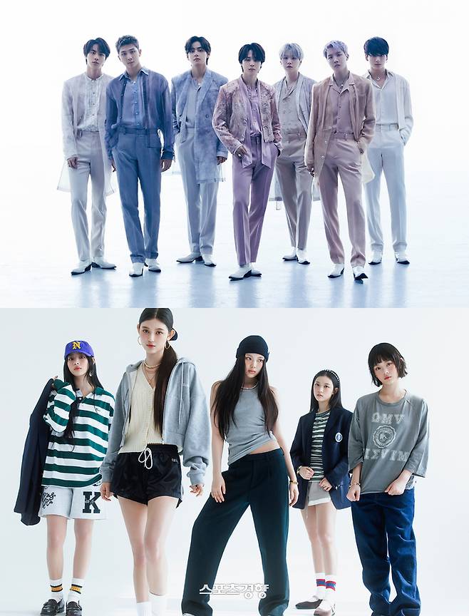 하이브 소속 그룹 방탄소년단(위)과 뉴진스. 경향신문 자료사진