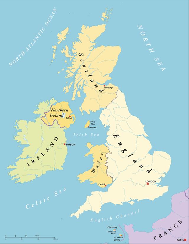 지도상 영국과 아일랜드. 잉글랜드(옅은 노란색), 스코틀랜드·웨일스·북아일랜드(짙은 노란색) 등은 영국에 속한다. 북아일랜드 아래에 위치한 아일랜드(초록색)는 북아일랜드를 통해 영국과 육로 국경을 맞대고 있다. 게티이미지뱅크