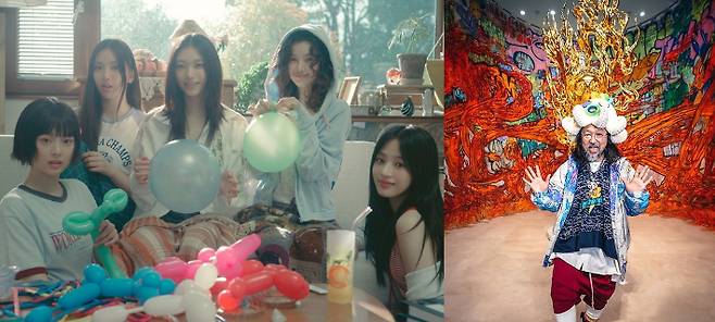 그룹 뉴진스(왼쪽)와 팝아트 거장 무라카미 다카시. 어도어·부산시립미술관 제공