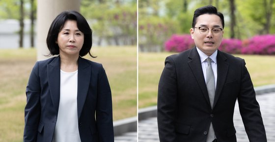 ‘공직선거법 위반’ 혐의로 불구속 기소된 더불어민주당 이재명 대표의 배우자 김혜경 씨와 '경기도 법카 유용 의혹' 제보자 조명현 씨가 지난달 22일 오전 경기 수원시 영통구 수원지방법원에서 열린 3차 공판에 출석하고 있다. 뉴스1