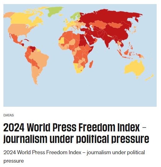 국경없는기자회(RSF)가 발표한 '2024 세계 언론 자유 지수' 보고서(RSF 홈페이지 갈무리). 2024.05.03.