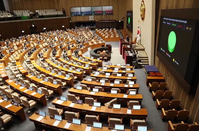 2일 서울 여의도 국회에서 열린 본회의에서 채 상병 순직 수사 외압 의혹과 관련한 특별검사 법안이 야당 단독으로 통과되고 있다. 연합뉴스