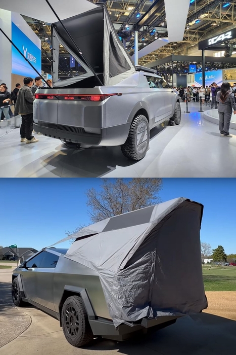 중국 둥펑 자동차가 최근 공개한 2024년 콘셉트 트럭(위)과 테슬라 사이버 트럭. 사진=엑스(@TeslaSg) 갈무리/테슬라