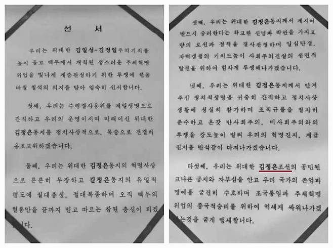 ‘샌드(SAND)연구소 영문뉴스레터’가 공개한 김정은 충성 맹세를 담은 ‘선서’문