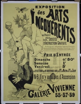1880년대 프랑스의 일반적인 광고 포스터. 예술 엑스포를 홍보하는 내용으로, 무하가 등장하기 전까지의 포스터들은 정보 전달을 위해 글자의 비중이 매우 높았다.