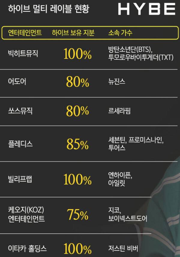 하이브가 미래 성장 동력이라고 주창했던&nbsp;‘멀티 레이블 시스템’이 타킷 수요층이 겹쳐 레이블 간 차별화가 쉽지 않은 구조라는 지적이 나왔다. 이는 하이브 산하 레이블인 어도어 민희진 대표이사가 지적했던 뉴진스와 콘셉트가 비슷한 아이돌 그룹이 하이브 산하 레이블에서 나오고 있다는 주장과 일부 일치한다. 사진은 하이브 멀티 레이블 현황