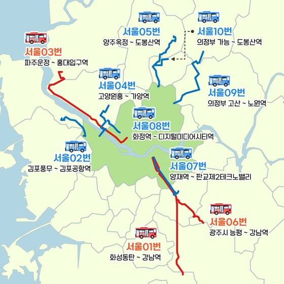서울시가 서울동행버스 노선을 추가했다. 사진은 운행노선도. [사진 서울시]