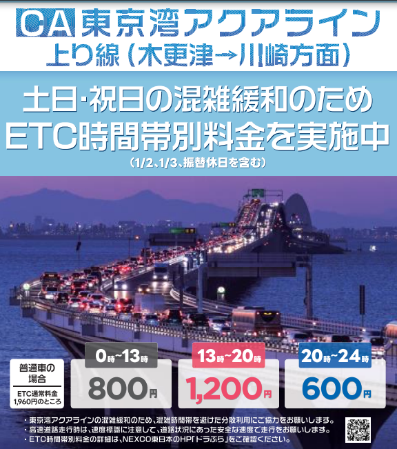 일본 고속도로 ‘도쿄만 아쿠아라인’에서 통행 요금을 시간대에 따라 따르게 적용한다는 사실을 알리는 홍보물.