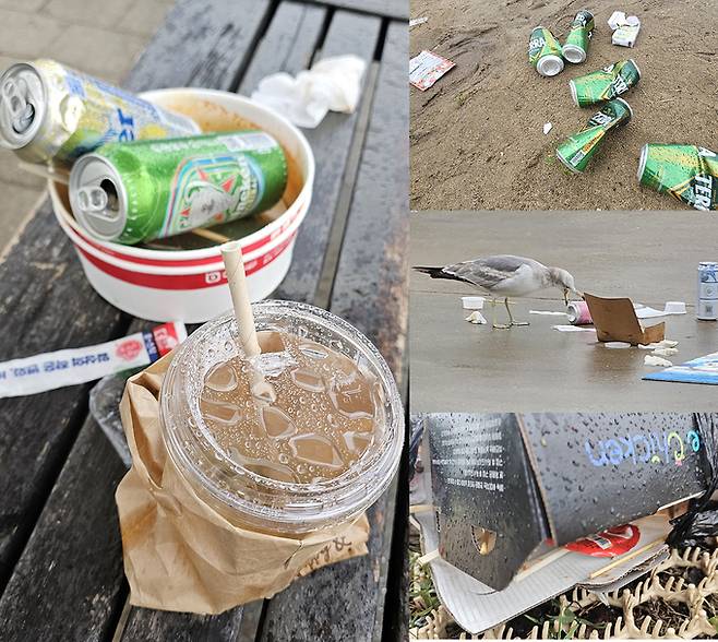 5일 오전 서울 여의도 한강공원에는 각종 쓰레기들이 어지럽게 널브러져 있다. 사진=김경호 기자