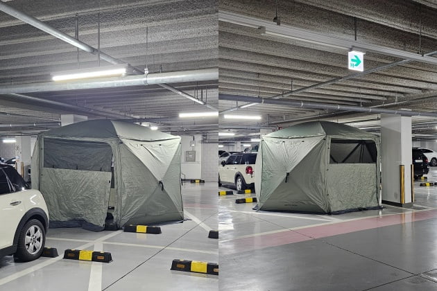 지하 주차장에 텐트가 설치된 모습 /사진=온라인 커뮤니티 캡처