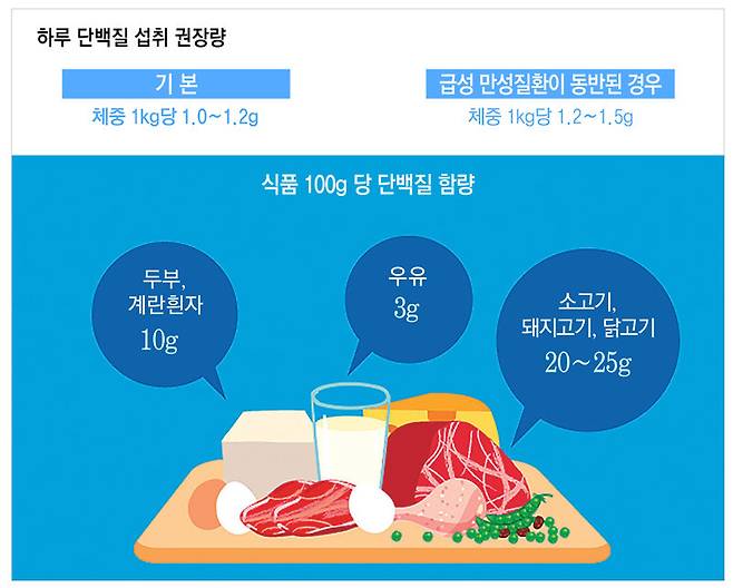 나이가 들면 근육을 만드는 주재료인 단백질 섭취가 꼭 필요하다. 몸무게 1kg당 하루 단백질 권장 섭취량은 1.0∼1.2g이다. 영양 불량이나 급성 만성질환 등의 상황에선 1.2∼1.5g까지 섭취량을 늘려야 한다. 분당서울대병원 제공