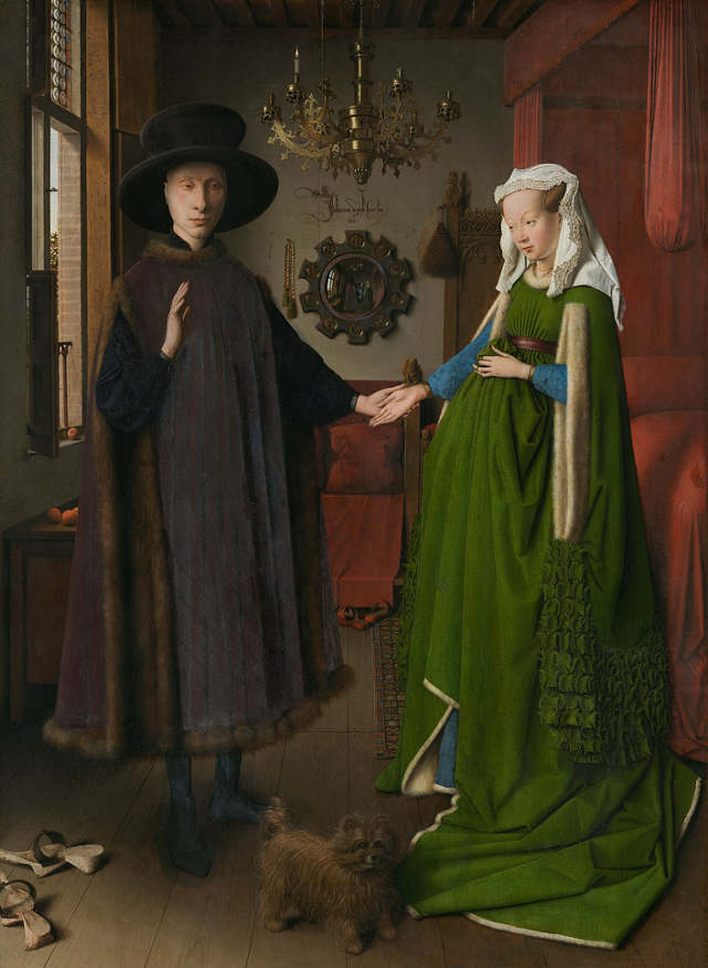 얀 반 에이크·아르놀피니 부부 초상화·1434년·런던 내셔널 갤러리. 그림 크기는 높이 82.2cm 폭 60cm로 크지 않지만, 디테일이 생생해서 마치 요지경을 보는 느낌이다.