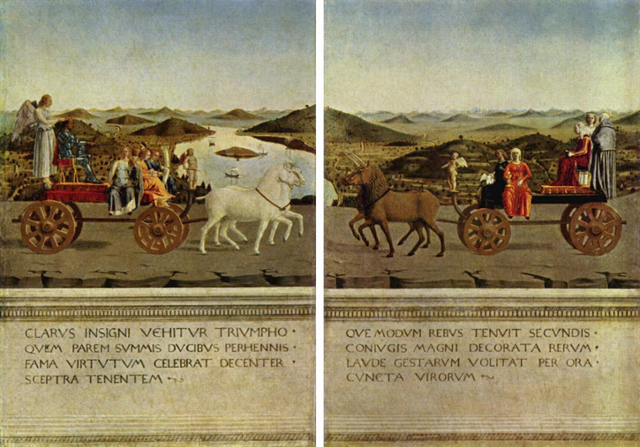 우르비노 부부 초상화의 뒷면에는 부부의 덕목을 예찬하는 시와 우르비노의 아름다운 풍경이 그려져 있다.