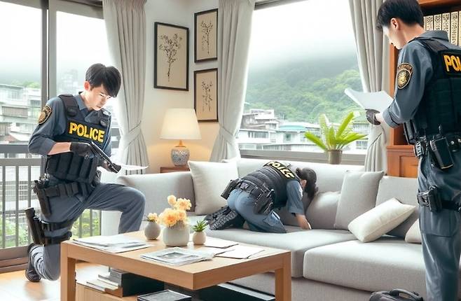 집안을 수색중인 대만경찰, 자료 이미지. 기사와 무관. [사진출처 = 챗GPT로 생성한 이미지]