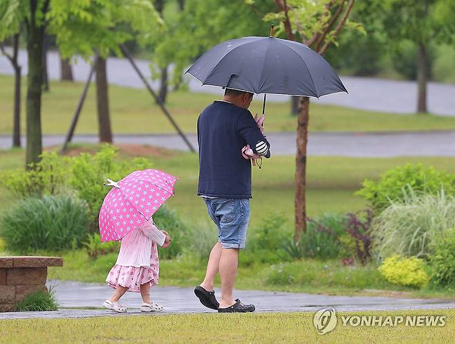 아빠 따라 아장아장 지난 6일 비가 내린 경기도 과천시 서울대공원에서 한 아이가 우산을 쓰고 아빠를 쫓아가고 있다. [연합뉴스 자료사진]