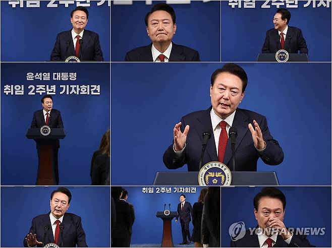 윤석열 대통령, 취임 2주년 기자회견 (서울=연합뉴스) 진성철 기자 = 윤석열 대통령이 9일 오전 서울 용산 대통령실 청사 브리핑실에서 취임 2주년을 맞아 기자회견을 하고 있다. 2024.5.9 zjin@yna.co.kr