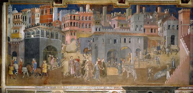 시에나 화파의 주요 화가 암브로조 로렌체티의 작품 \'좋은 정치의 알레고리\'의 부분. 위키미디어 코먼스