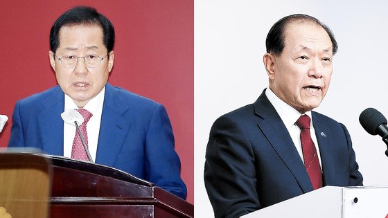 홍준표 대구시장이 지난달 22일 오전 대구시의회 임시회에 참석해 발언하고 있다. 국민의힘 황우여 신임 비상대책위원장이 지난 3일 서울 여의도 당사에서 열린 취임 기자회견에서 취재진의 질문에 답하고 있다. 뉴스1, 연합뉴스