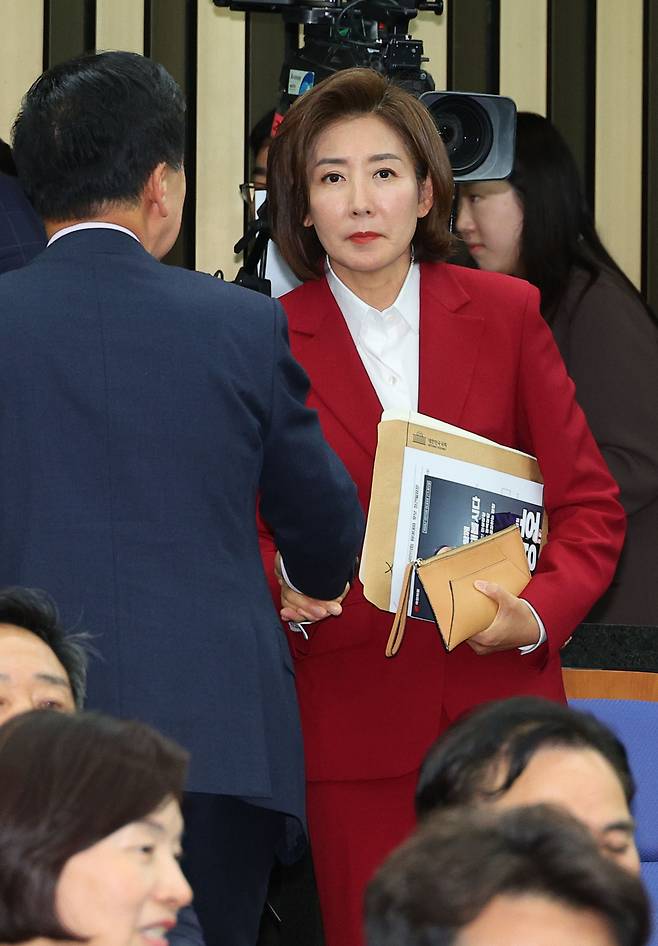 나경원 국민의힘 당선인과 김기현 의원이 9일 오후 국회에서 열린 2024 원내대표 선출 당선자총회에서 악수하고 있다. [연합]