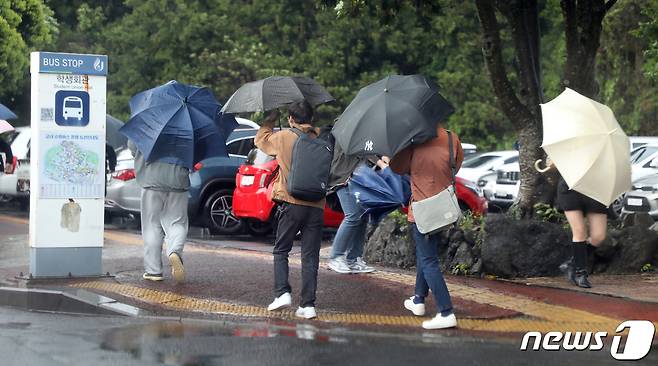 제주시 아라동 제주대학교에서 학생들과 교직원들이 우산으로 비바람을 막고 있다(뉴스1DB)ⓒ News1 오미란 기자