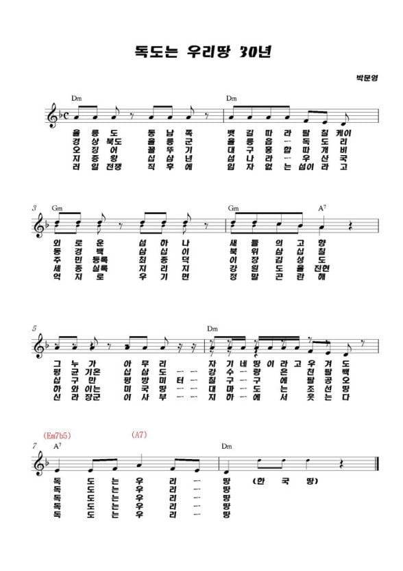 독도는 우리땅 악보. 1982년 방송 일회용으로 만들었다가 쓰레기통에 버려졌지만, 곧 제2애국가 반열에 올랐다. 지난 2012년 곡 발표 30주년을 맞아 측량 단위 등을 일부 개사한 신 버전. /역사노래연구회