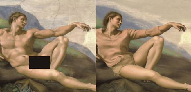 AI에 바지 입혀주는 AI. 우사이먼성일 성균관대데이터사이언스융합학과 교수팀은 생성형AI가 만드는 이미지에서 특정 컨셉을 자연스럽게 수정하는 AI를 개발했다. 우 교수팀이 개발한 AI를 적용하기 전(왼쪽)과 적용한 후(오른쪽). 이미지 속 남성의 나체에 자연스럽게 옷을 입혔다. arXiv 제공