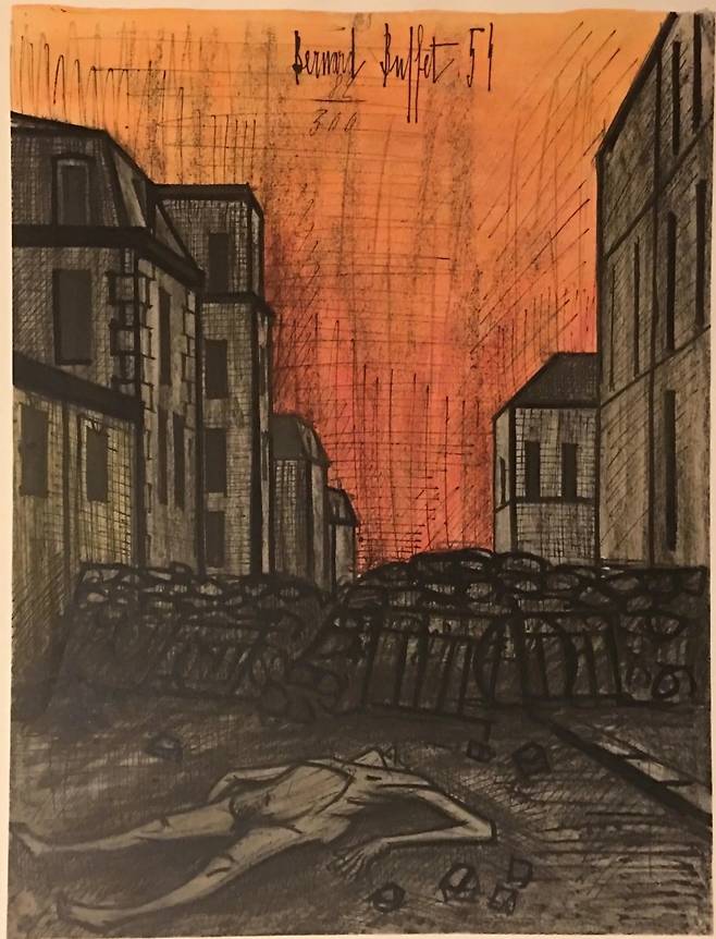 전쟁의 공포(1955). 세 개의 캔버스 중 하나로, 일부 평론가들은 "새 시대의 게르니카"라고 표현했다.