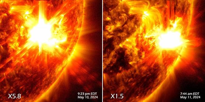 태양은 5월 10일부터 11일까지 두 차례의 강력한 태양 플레어를 방출했으며 NASA의 태양 역학 천문대는 X5.8 및 X1.5급 플레어로 분류된 이벤트의 이미지를 포착했다.  NASA X(구 트위터) 캡처