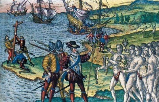 크리스토퍼 콜럼버스가 아메리카 대륙에 도착해 원주민들과 교역을 하는 장면을 묘사한 테오도르 디 브라이의 판화(1594년). 옥수수, 고추, 담배 등이 유럽과 아시아에 퍼지는 계기가 됐으나 천연두 등의 전염병과 가혹한 식민 통치로 6000만명에 달하던 원주민들은 500만~600만명까지 감소했다. 미국 국립의학도서관