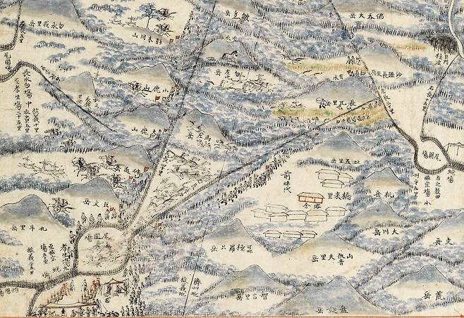 탐라순력도 '산장구마'의 일부분 (제주=연합뉴스) 조선 숙종 1702년(숙종28) 제주 목사로 부임한 이형상이 화공 김남길에게 남기도록 한 채색 화첩 '탐라순력도' 중 산장구마의 일부분.이 그림은 같은해 10월 15일 한라산 중턱에 설치된 목마장에서 말을 몰아 일정한 장소에 모으고 그 수를 확인하는 모습이다. 2024.5.12 [제주도 제공, 재판매 및 DB 금지]