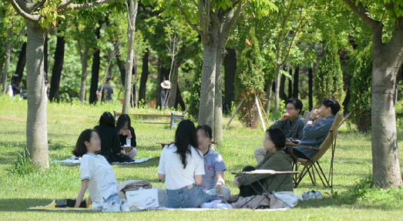 전북 전주시 덕진구 세병공원을 찾은 시민들이 시원한 나무 그늘 아래서 피크닉을 즐기고 있다. [사진=뉴시스]