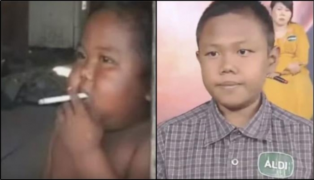 담배피는 소년으로 알려진 알디 리잘군의 2살 모습(왼쪽)과 최근 근황(오른쪽). 인터넷 캡처