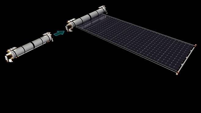 한화시스템 사내벤처 플렉셀 스페이스가 개발한 ‘우주용 탠덤 유연 태양전지’ 판넬이 두루마리처럼 펼쳐지는 전개 모듈 형상. <한화시스템>