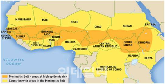 사하라 이남 아프리카의 확장된 뇌수막염 벨트는 서쪽의 세네갈부터 동쪽으로 에티오피아까지(26개 국가) 뻗어있으며, 높은 질병 보유율을 기록하고 있다.(제공=CDC)