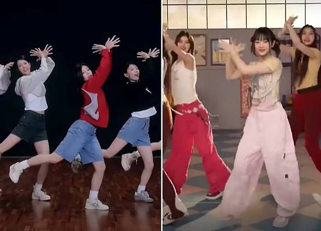 왼쪽은 아일릿이 최근 공개한 '럭키 걸 신드롬' 안무, 오른쪽은 작년 맥도날드 광고 속 뉴진스의 안무./유튜브