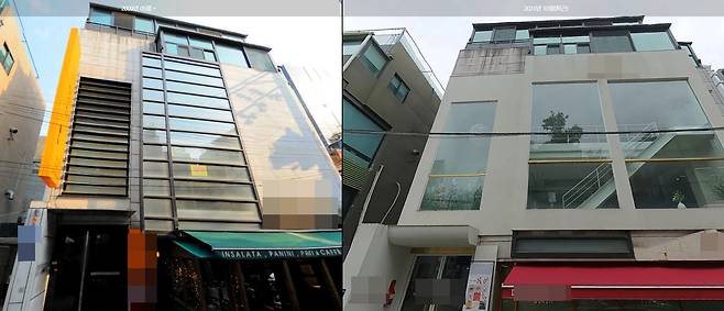 2009년 5월 촬영된 임하룡 보유 건물 모습(왼쪽), 2023년 10월의 모습. /다음지도
